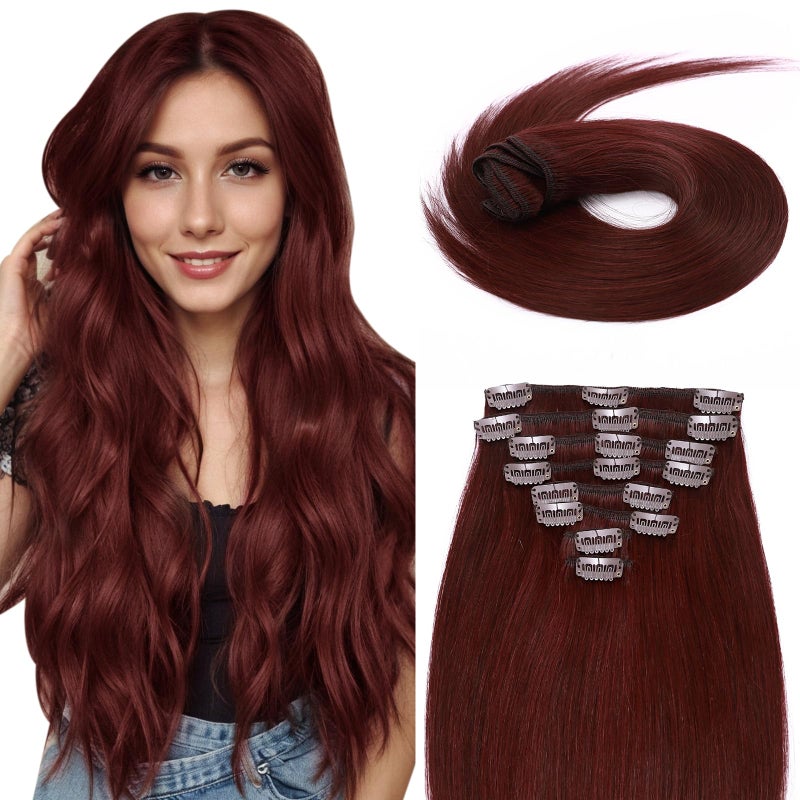MYLADY Clip In Hair Extensions Real Human Hair 16 Inch 8pcs Remy Real Hair Extension Clip ins 99J Burgundy Wine Red 90g Silky Straight Full Head Soft Natural Extension